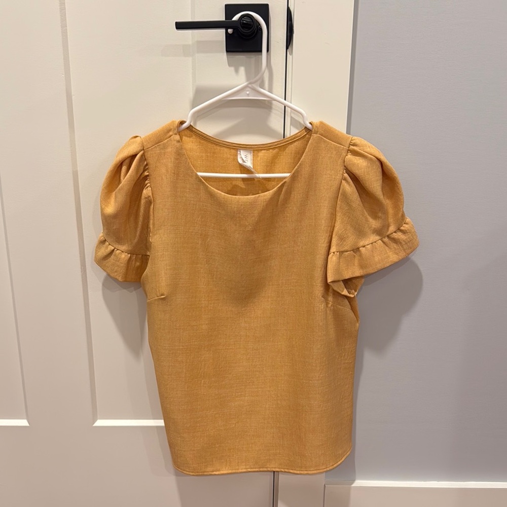 Mustard Yellow Puff Sleeve Ruffled Blouse